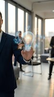 Businessman holding glowing lightbulb with innovation icons in modern office representing creative ideas, leadership and business solutions for corporate success.
