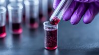 Laboratory scientist in purple gloves pipetting red liquid sample into test tube for medical research analysis, with blurred background of multiple samples.
