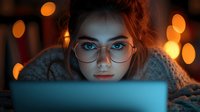 Young woman with bright blue eyes and glasses illuminated by laptop screen in dark room with warm bokeh lights creating moody atmospheric portrait.