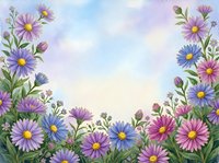 Watercolor wildflower border with purple and pink daisies on soft blue sky background. Floral frame for greeting cards, invitations and spring designs.