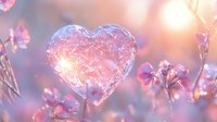 Frozen soap bubble in heart shape with pink winter sunrise light and frost crystals on natural blurred background with frozen flowers and bokeh effect.