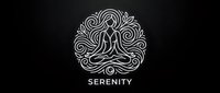 Zen meditation logo with ornate swirls and serenity text on black background for wellness branding and spiritual design projects.