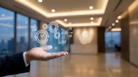 Businessman hand presenting holographic gear mechanisms in modern office lobby with city skyline view through windows at dusk.