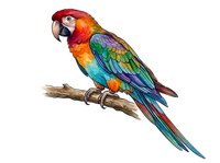 Colorful macaw parrot perched on branch with vibrant red, yellow, blue and green plumage, isolated on white background for design and educational use.