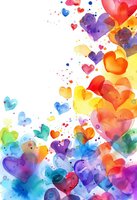 Vibrant watercolor hearts in rainbow colors on white background, creating a joyful composition for Valentine's Day cards, wedding invitations, or romantic designs.