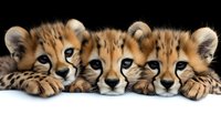 Three adorable cheetah cubs with bright blue eyes and spotted fur lying in a row, heads resting on paws against black background, creating striking wildlife portrait.