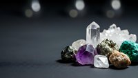Collection of healing crystals and gemstones including amethyst, quartz, pyrite and malachite arranged on dark surface for spiritual wellness practices.