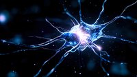 Glowing blue neuron with electrical impulses on dark background showing neural network activity and synaptic connections in brain science visualization.