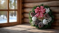 Christmas wreath with pine cones and red checkered bow on wooden windowsill of rustic log cabin with winter scene outside.