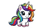 Cute cartoon unicorn with rainbow mane and tail sitting on white background. Colorful magical pony character isolated for children designs and fantasy projects.