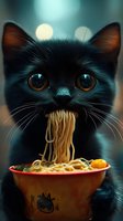 Black cat eating noodles from red bowl with funny expression, large eyes focused on camera. Humorous pet photography with moody dark background and soft bokeh.