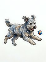 Playful mixed breed terrier dog with gray and tan coat running after colorful ball, isolated on white background for design projects.