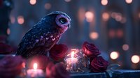 Mystical owl perched among red roses and glowing candles against blurred bokeh lights background, creating magical evening atmosphere with fantasy elements.
