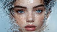 Young woman with freckles and striking blue eyes in artistic water splash portrait. Natural beauty makeup, wet effect, and curly hair create dramatic fashion look.