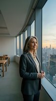 Mature woman with long gray hair wearing dark blazer and white shirt standing by floor-to-ceiling windows in modern high-rise office, gazing at cityscape view below, professional corporate environment.