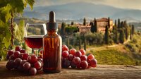 Glass of red wine, dropper bottle, and fresh grapes on wooden table with scenic Tuscan vineyard landscape and villa in background.