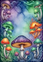 Mystical mushroom frame with colorful fantasy fungi in purple, green, and orange tones surrounding a glowing center space. Whimsical woodland border design.