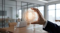 Business professional holding glowing lightbulb symbol representing innovation and creative ideas in modern office environment for corporate presentations.