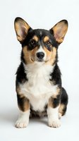 Adorable tricolor corgi puppy sitting on white background with alert expression and perked ears for pet photography and design projects.