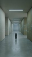 Woman standing alone in modern minimalist corridor with linear ceiling lights and concrete flooring, suitable for corporate, institutional, and architectural design projects.