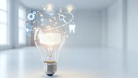 Glowing light bulb with floating medical icons and symbols representing healthcare innovation and bright ideas in modern interior space.