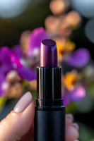 Purple metallic lipstick close-up on blurred floral background. Female hand holding black tube container. Luxury cosmetic product photography with bokeh effect.