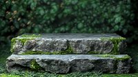 Ancient stone steps covered in green moss and lichen against blurred natural background, creating mystical atmosphere for fantasy or garden design projects.