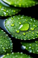 Fresh water drops on dark green lily pad surface create natural abstract pattern in morning light, showcasing nature's delicate beauty and purity.