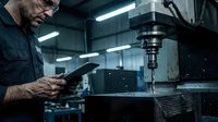 Skilled machinist operating industrial drilling equipment in modern manufacturing facility with tablet for precision control and quality assurance.