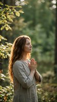 Peaceful Caucasian woman with long red hair meditating in prayer pose outdoors in natural forest setting with warm sunlight and green foliage background.