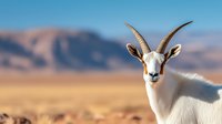 White gazelle with long curved horns against blurred desert landscape and mountains background, close up portrait of wild African antelope in natural habitat.
