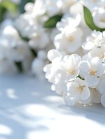Delicate white spring blossoms with soft petals and yellow stamens on light blue background, creating dreamy atmosphere for wedding and romantic designs.