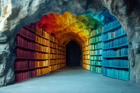 Rainbow-colored bookshelf tunnel in stone cave, with books arranged by color spectrum from red to blue, creating vibrant literary pathway.