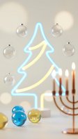 Modern holiday celebration with neon Christmas tree, menorah, glass ornaments and colorful baubles on neutral background for festive seasonal design.