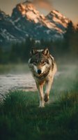 Gray wolf walking through meadow with snow-capped mountains and forest in background at golden hour. Wildlife and nature photography for editorial and commercial use.