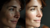 Close-up portrait of woman with freckles showing skin transformation, before and after beauty treatment against dark background.