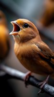 Small brown songbird with open beak singing on branch with blurred background. Close-up portrait of wild bird vocalizing in natural habitat for wildlife photography.