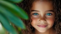 Mixed race young girl with bright blue eyes and curly hair smiling warmly through tropical palm leaves in soft natural lighting, creating gentle shadows.