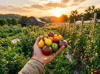 Farmer holding freshly harvested heirloom tomatoes in vegetable garden at sunset with barn and fields in background. Agriculture and organic farming.