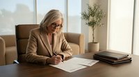 Professional mature blonde businesswoman in beige suit writing documents at modern office desk with laptop and papers in bright workspace.