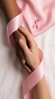 Two diverse women holding hands wrapped in pink ribbon with breast cancer awareness symbol for support campaign and solidarity concept.