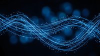 Abstract blue digital waves with flowing particles and light trails on dark background, suitable for technology, data visualization, and digital transformation concepts.