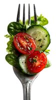 Fresh salad ingredients on fork with tomato, cucumber, spinach and herbs isolated on white background for healthy eating concepts.