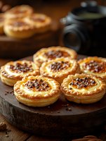 Freshly baked Portuguese egg tarts with caramelized tops and flaky pastry crust served on rustic wooden board. Golden custard filling sprinkled with cinnamon.