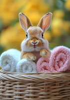 Adorable dwarf rabbit sitting in wicker basket with rolled pink and white towels against blurred yellow background, looking directly at camera with cute expression.