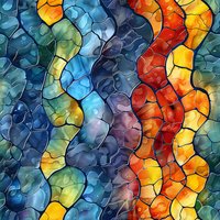 Abstract mosaic pattern with wavy lines in vibrant blue, orange, and yellow tones creating stained glass effect. Seamless repeat design for fabric and wallpaper.
