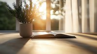 Open book on wooden table near window with potted evergreen plant at sunset, warm sunlight casting long shadows across pages, creating cozy reading atmosphere.