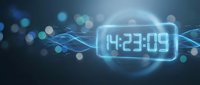 Futuristic digital clock display showing time 14:23:09 with glowing blue neon effects and bokeh lights on dark technological background for modern interfaces.