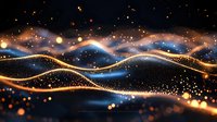 Abstract glowing golden and blue waves with sparkles and particles flowing on dark background creating magical light effect and bokeh pattern.