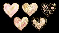 Decorative heart shapes with watercolor, floral, and ornamental gold designs isolated on transparent background. Ready for t-shirt designs, stickers, clipart, sublimation, and print-on-demand projects.